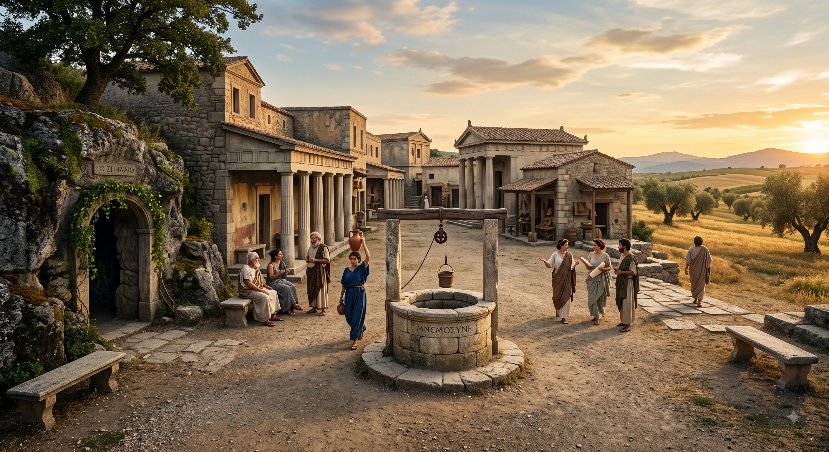 The Agora — a classical village square at golden hour